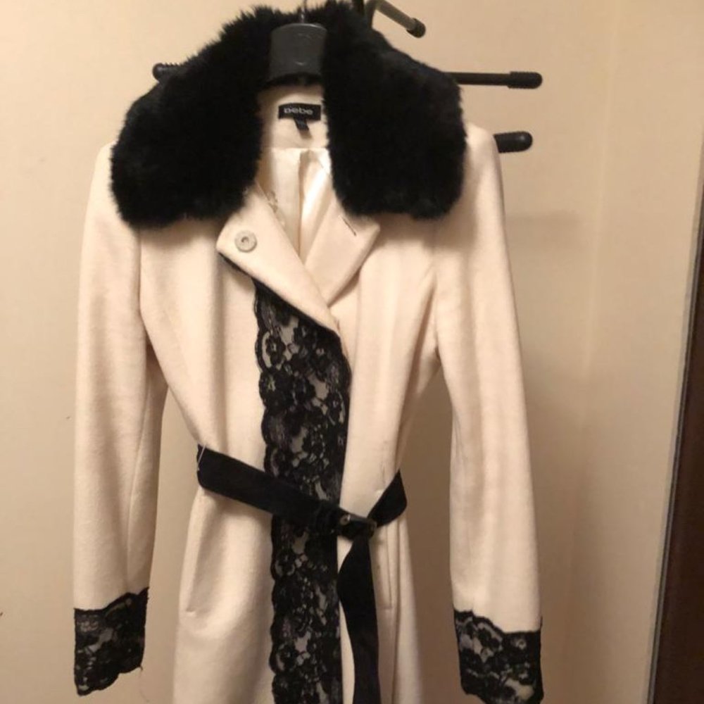 Beautiful elegant bebe white coat